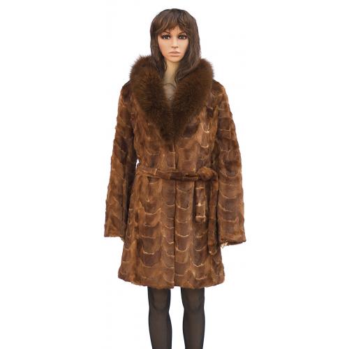 Winter Fur Ladies Whiskey Mink Front Paws 3/4 Coat With Fox Collar And Belt W69Q06WK