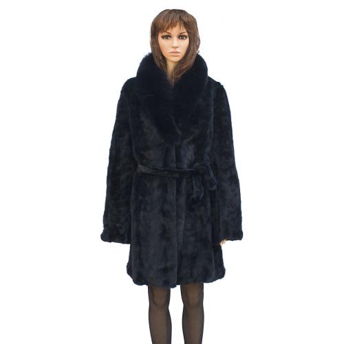 Winter Fur Ladies Navy Mink Front Paws 3/4 Coat With Fox Collar And Belt W69Q06NV