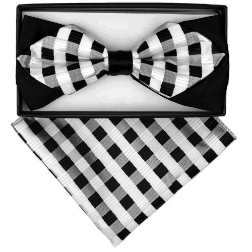 Classico Italiano Black / White / Silver Grey Checkerboard Double Layer Design 100% Silk Bow Tie / Hanky Set BD237
