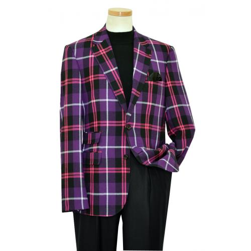 Biarelli Purple / Black / Fuschia / White Plaid Wool Blend Blazer With Purple Handpick Stitching BLZ-503