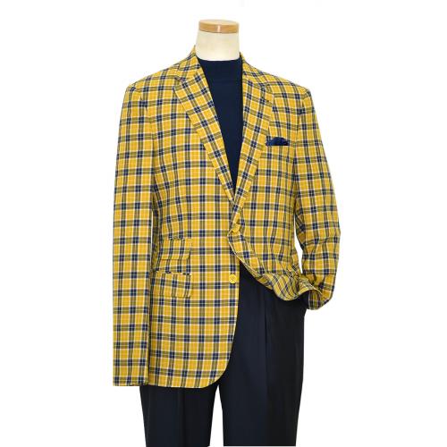 Biarelli Gold / Navy Blue / White Plaid Wool Blend Blazer With Yellow Handpick Stitching BLZ-507