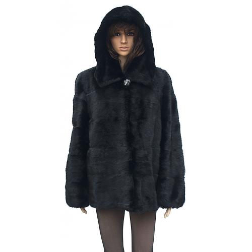 Winter Fur Ladies Full Skin Mink 3/4 Black Coat With Hood W07Q08BK
