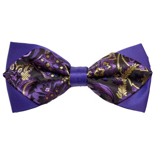 Classico Italiano Violet / Lavender / Gold / Black Paisley Design Double Layer Design 100% Silk Bow Tie / Hanky Set BD305