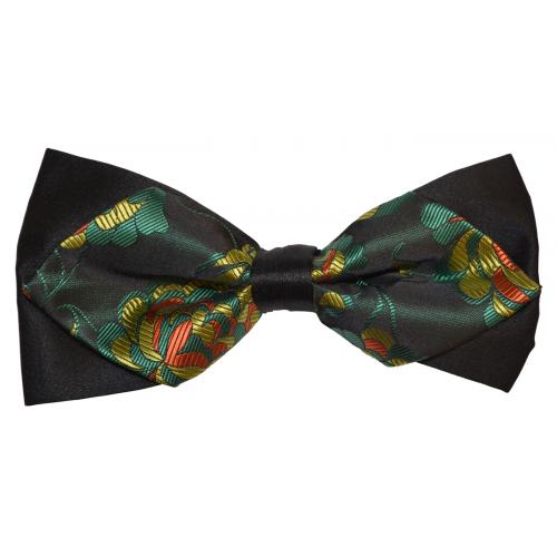 Classico Italiano Black / Forest Green / Gold / Orange Paisley Design Double Layer Design 100% Silk Bow Tie / Hanky Set BD251