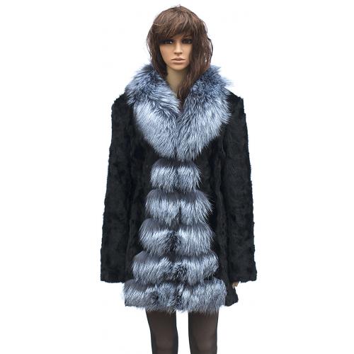 Winter Fur Ladies Pieces Mink 3 / 4 Coat With Silver Fox Trimming W03Q09BK