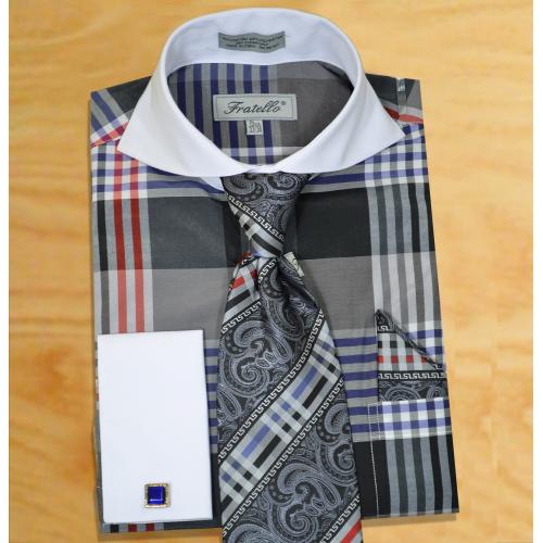 Fratello Grey / Red / White / Navy Blue / Black Plaid Shirt / Tie / Hanky Set With Free Cufflinks FRV4124P2