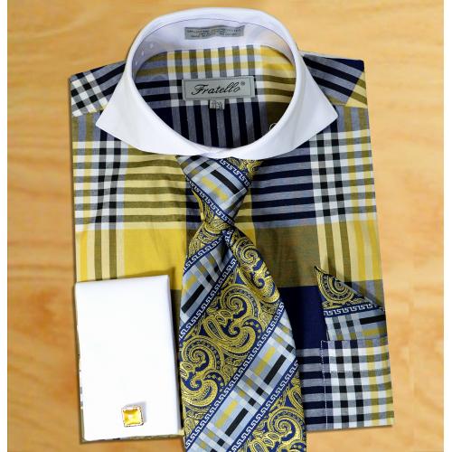 Fratello Navy Blue / Gold / White Plaid Shirt / Tie / Hanky Set With Free Cufflinks FRV4124P2