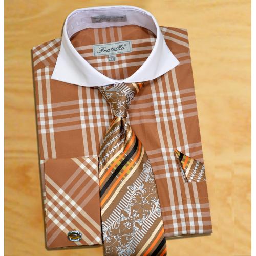 Fratello Brown / Cream Checker Pattern Two Tone Shirt / Tie / Hanky Set With Free Cufflinks FRV4118P2