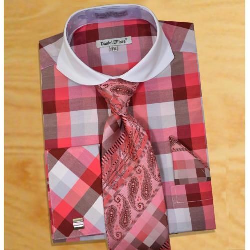 Daniel Ellissa Fuschia / Pink / Grey / White Check Design Shirt / Tie / Hanky Set With Free Cufflinks DS3763P2