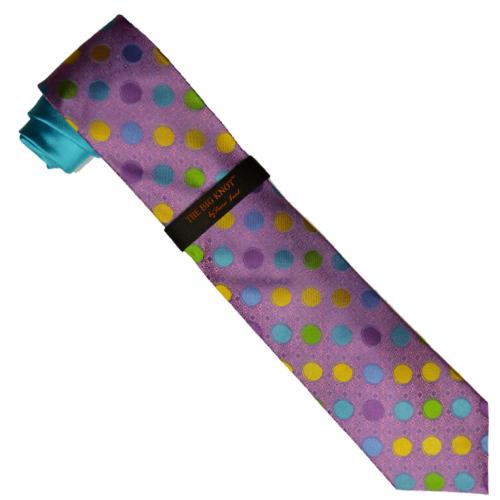 Hi-Density By Steven Land Collection HDS605 Turquoise / Lilac / Multi Color Polka Dot 100% Woven Silk Necktie / Hanky Set