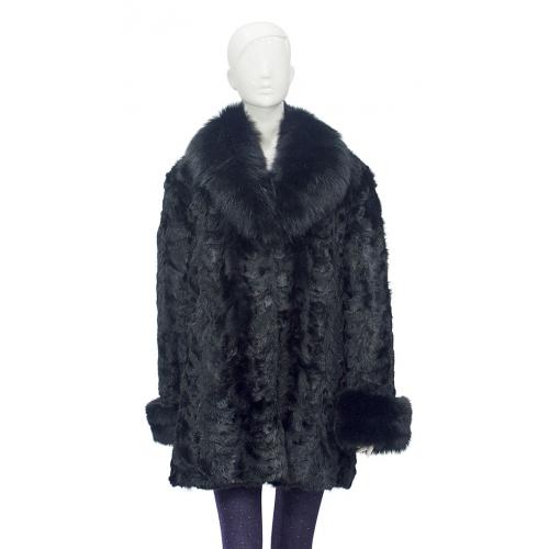 Winter Fur Ladies Black Pieces Mink 3/4 Coat With Fox Collar And Fox Cuff W03Q06BK