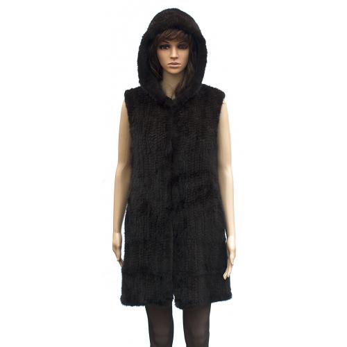 Winter Fur Ladies Knitted Mink 3/4 Vest with Hood W09KV02BR