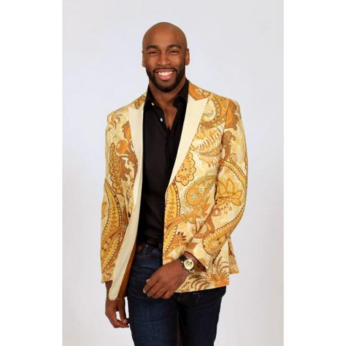 Prestige Yellow Gold  / Cognac / Orange With Butterscotch Contrast Lapel 100% Cotton Artistic Paisley Design Blazer Jacket LBP-551