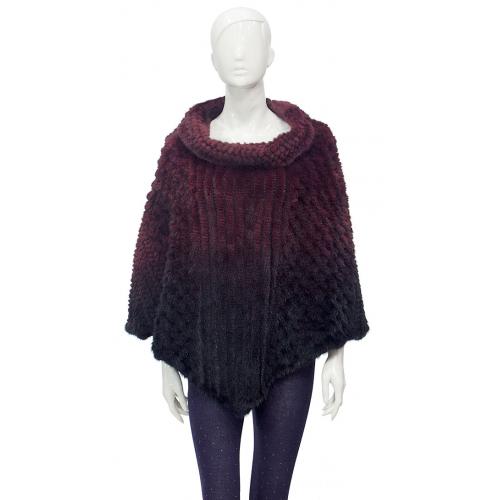 Winter Fur Ladies Burgundy Genuine Knitted Mink Poncho W09K21BD