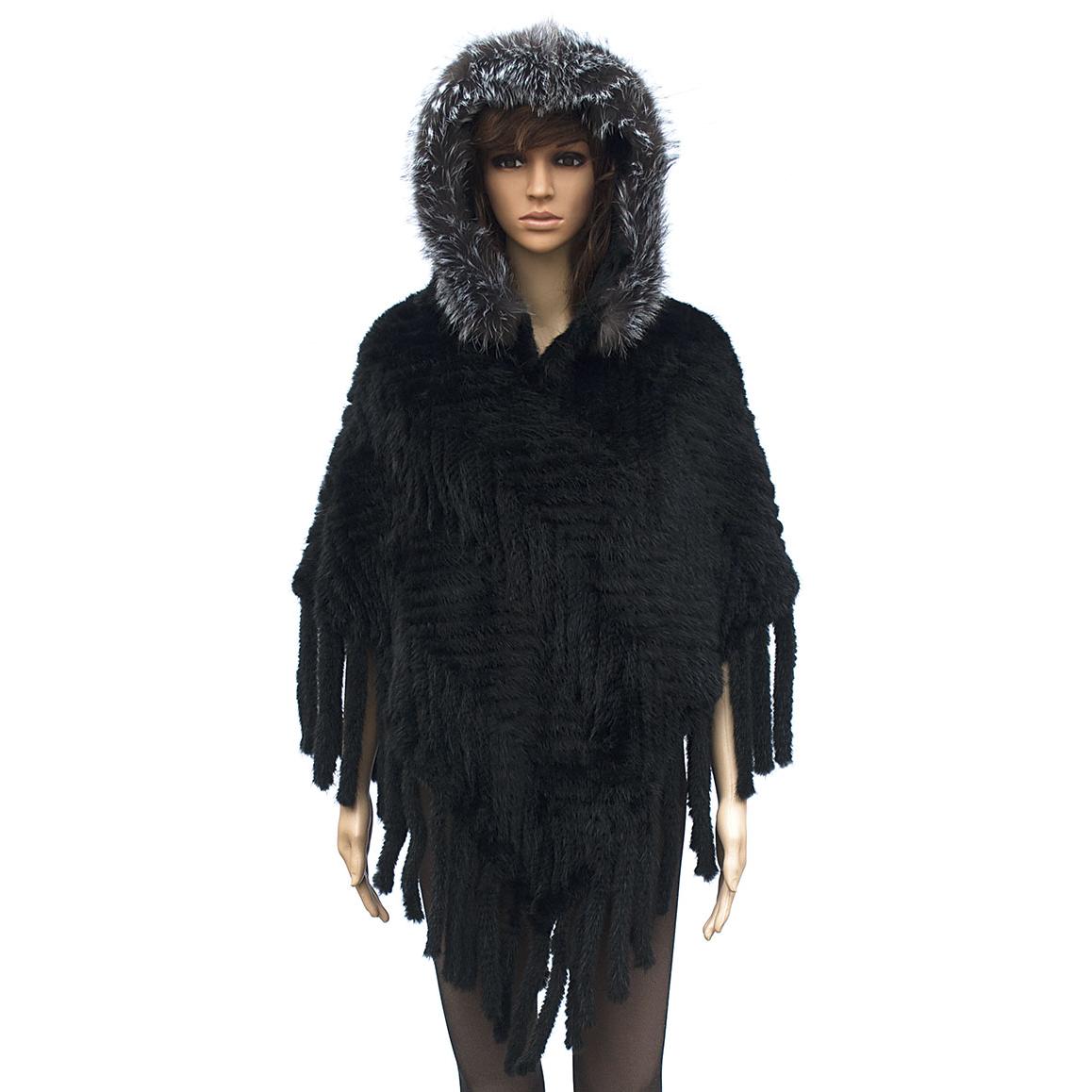 Winter Fur Ladies Knitted Black / Silver Mink Poncho With Hood W09K01BD ...