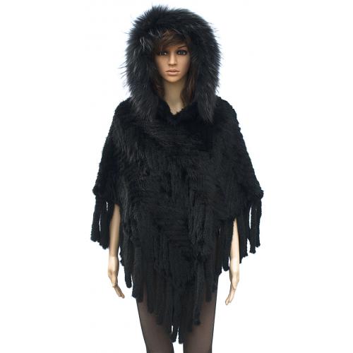 Winter Fur Ladies Knitted Black Mink Poncho With Hood W09K01BD