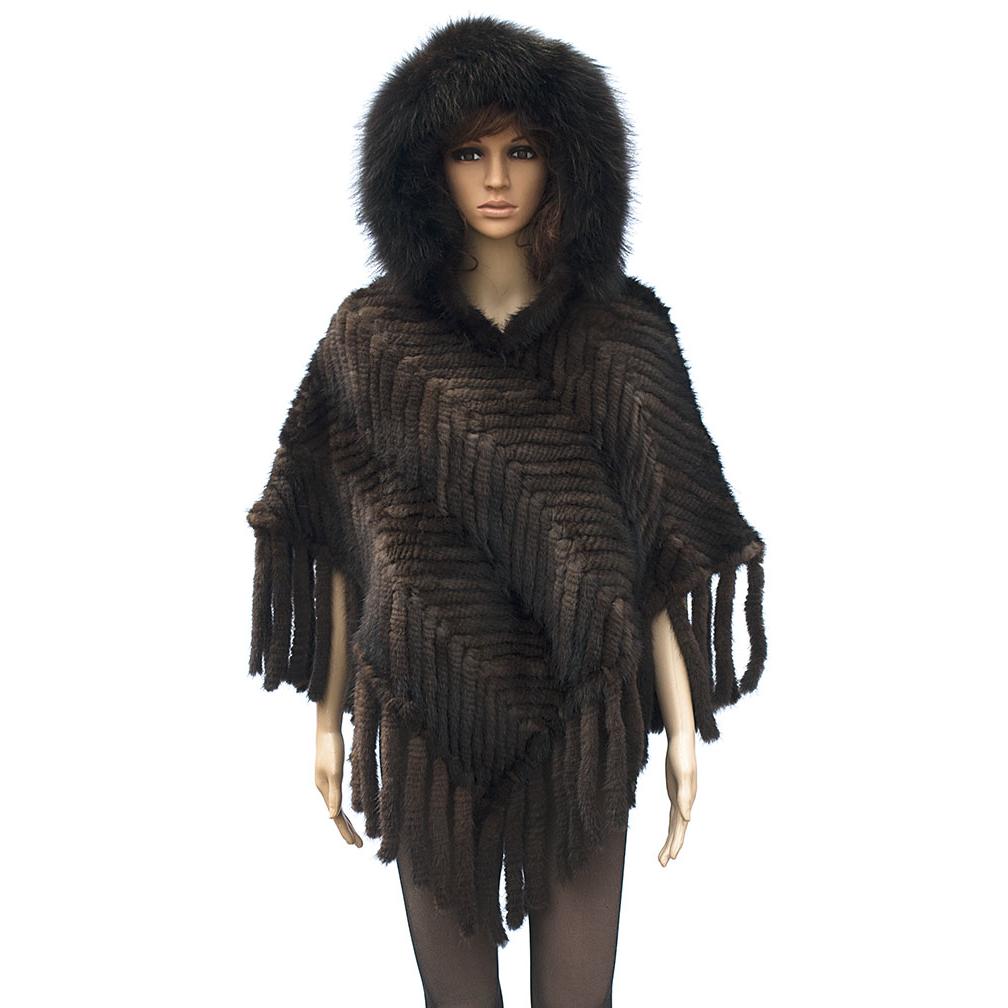 Winter Fur Ladies Brown Genuine Knitted Mink Poncho With Hood W09K01BR ...