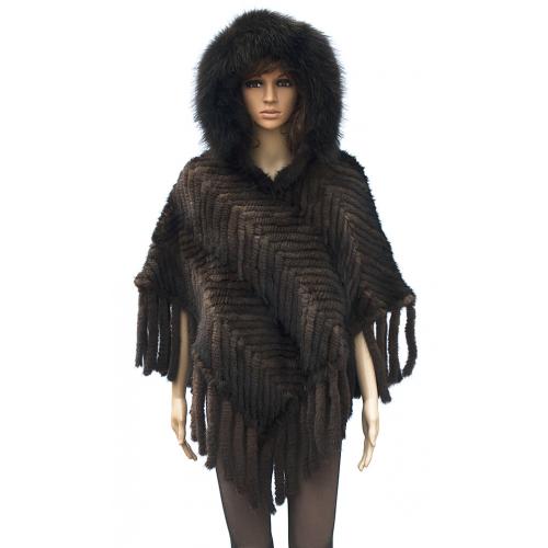 Winter Fur Ladies Brown Genuine Knitted Mink Poncho With Hood W09K01BR