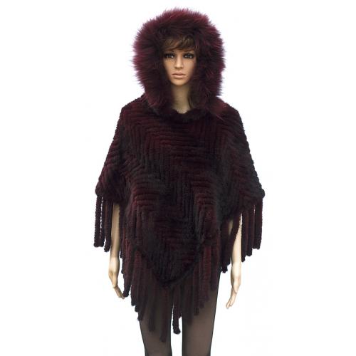 Winter Fur Ladies Knitted Burgundy Mink Poncho With Hood W09K01BD