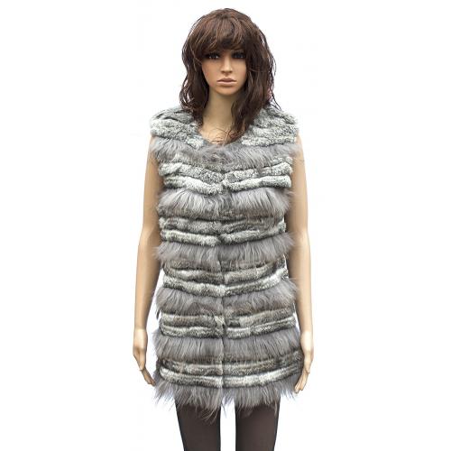 Winter Fur Ladies Grey Genuine Rabbit 3/4 Vest With Raccoon W05Q04GREY