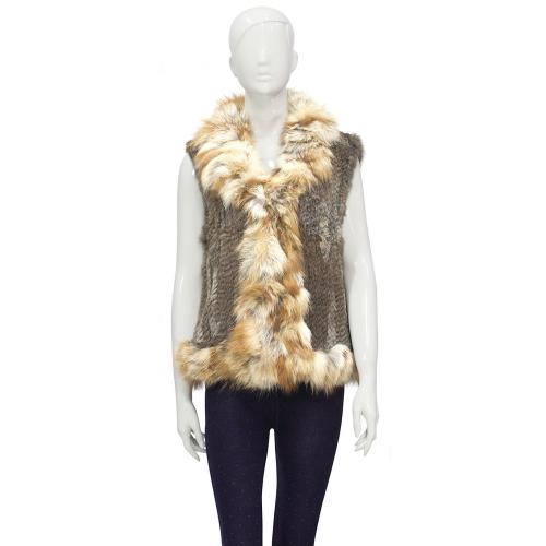 Winter Fur Ladies Brown Ladies Knitted Rabbit Vest with Fox Trimming W05V01BR