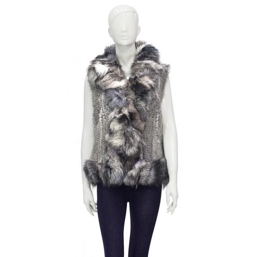 Winter Fur Ladies Grey Ladies Knitted Rabbit Vest with Fox Trimming W05V01GREY