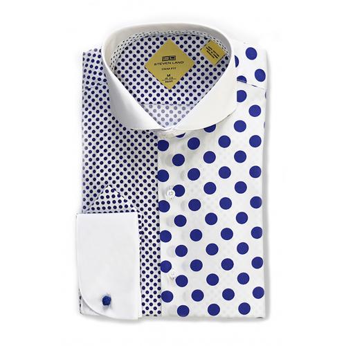 Steven Land White / Royal Blue 2D Polka Dot With White Spread Collar / White French Cuffs 100% Cotton Dress Shirt TS1646