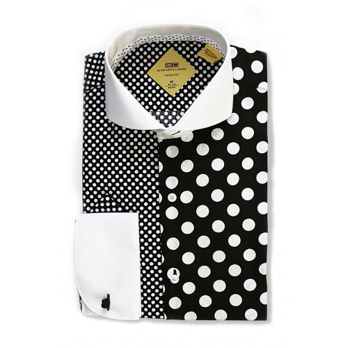 Steven Land Black / White 2D Polka Dot With White Spread Collar / White French Cuffs 100% Cotton Dress Shirt TS1646