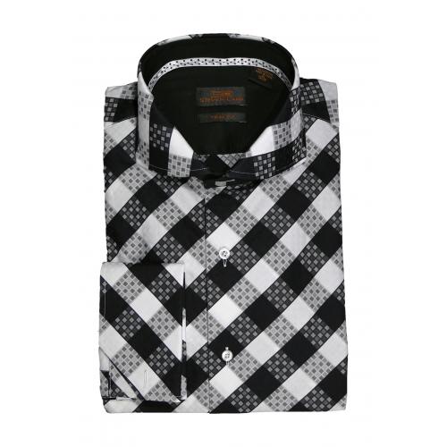 Steven Land Black / White / Grey Diamond Checks With Spread Collar / French Cuffs 100% Cotton Dress Shirt TA1616