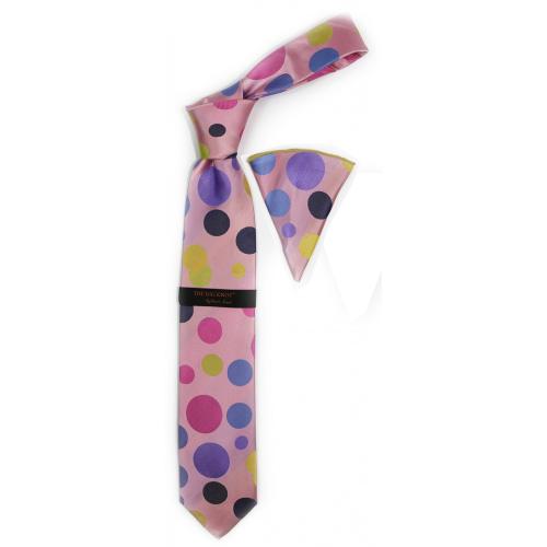 Hi-Density By Steven Land Collection "Big Knot" BWR2626 Pink Multicolor Polka Dot 100% Woven Silk Necktie / Hanky Set