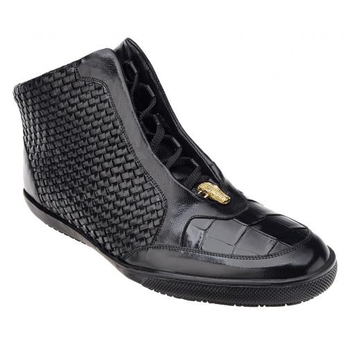 Belvedere "Turi" Black Genuine Crocodile / Soft Woven Italian Calf Shoes 3003