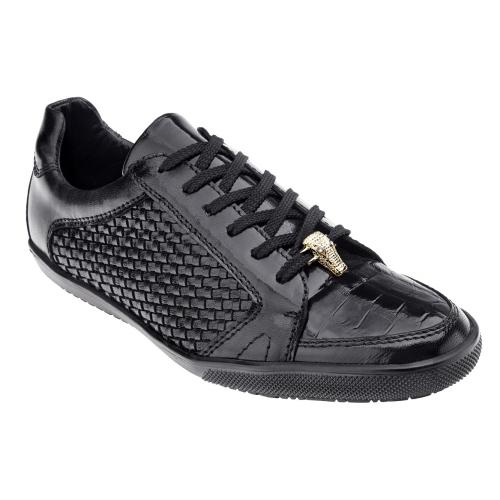 Belvedere "Losano" Black Genuine Crocodile / Soft Woven Italian Calf Sneakers 33203