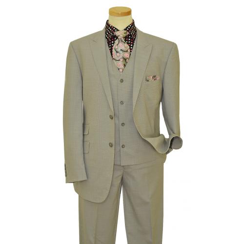 Luciano Carreli Grey / White Houndstooth With Grey Handpick Stitching Super 150's Wool Vested Wide Leg Classic Fit Suit 3243-9041