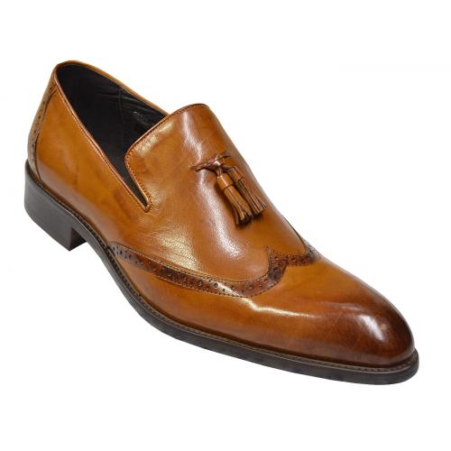 Carrucci Cognac Genuine Calf Skin Leather Wingtip Loafer Shoes With Tassels KS479-3002