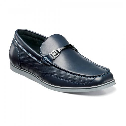 Stacy Adams "Chaz" Navy Blue With Baby Blue Stitching / Gunmetal Bracelet Perforated Design Moc Toe Genuine Leather Lined Loafer Shoes 25042-410