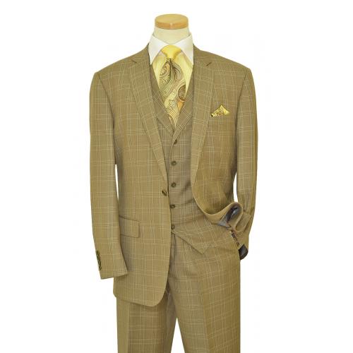 Giorgio Fiorelli Taupe / Brown / Cream Plaid With Taupe Handpick Stitching Super 150's Vested Suit G79579