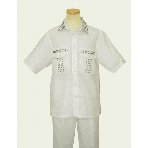 Prestige White With Silver Metal Spikes Hand Woven 100% Linen 2PC Outfit CPT-535
