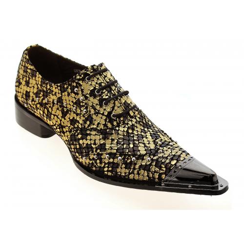 Zota Metallic Gold Floral / Black Snake Print Genuine Leather Lace-Up Shoes With Gunmetal Tip G908-34