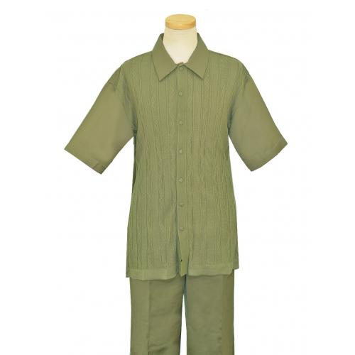 Bagazio Sage Green With Hand Woven Stripe / Calligraphy Design Short Sleeves 2 Piece Knitted Outfit BM1325