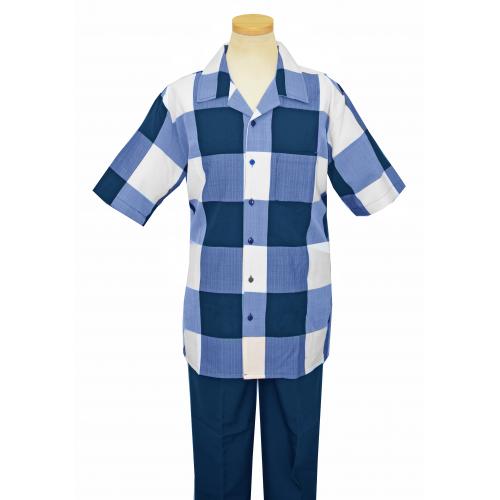 Bagazio Navy Blue / White Modern Checker Design Cotton Blend Short Sleeves 2 Piece Outfit BM1603