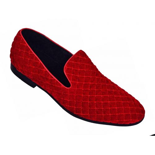 Amali "Ernest-005" Red Checker Design Stitched Velvet Slip On Loafer Shoes