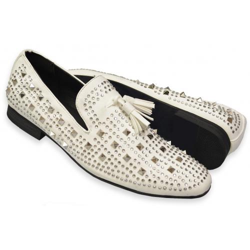 Amali "Tate" White Rhinestone / Crystal Studded Microsuede Loafers With Tassels