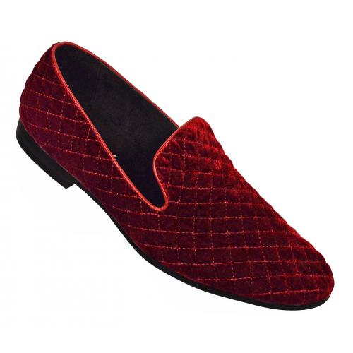 Amali "Ernest-175" Burgundy Checker Design Stitched Velvet Slip On Loafer Shoes