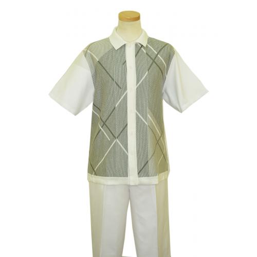 Silversilk White / Light Grey / Medium Grey Diagonal Line Design Button Up 2 Piece Short Sleeve Knitted Outfit 9334