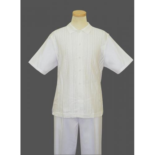 Silversilk White With White Woven Stripe Design Button Up 2 Piece Short Sleeve Knitted Outfit 9346