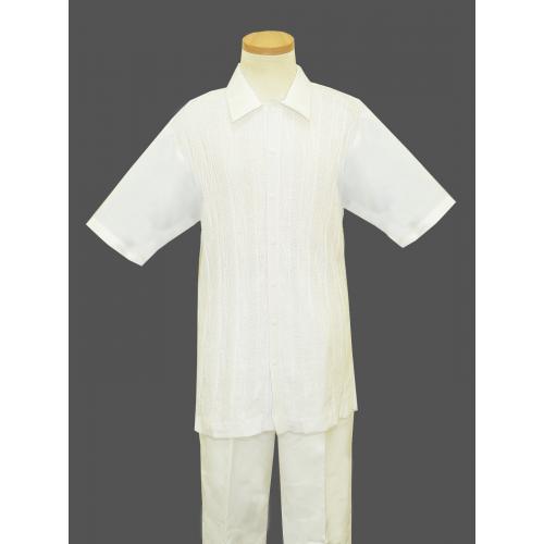 Bagazio White With Hand Woven Stripe / Calligraphy Design Short Sleeves 2 Piece Knitted Outfit BM1325