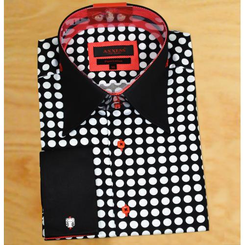 Axxess Black / White Polka Dot Handpick Stitching 100% Cotton Dress Shirt 216-20