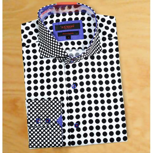 Axxess White / Black Contrasting Multi Size Polka Dot Design Handpick Stitching 100% Cotton Dress Shirt 316-31