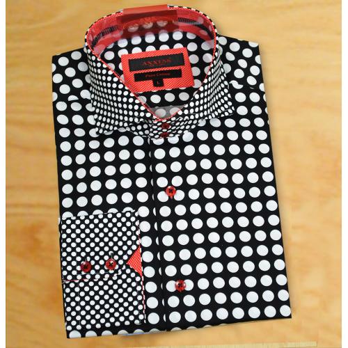 Axxess Black / White Contrasting Multi Size Polka Dot Design Handpick Stitching 100% Cotton Dress Shirt 316-33