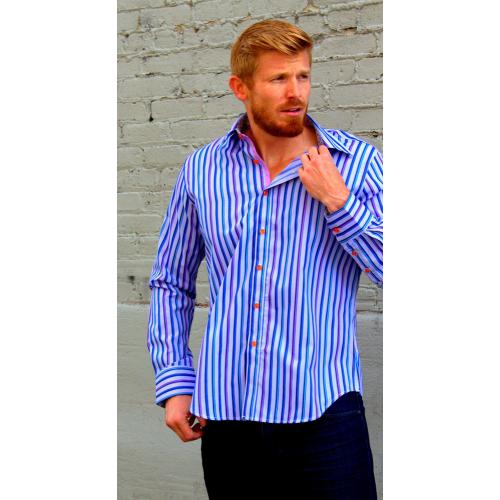 Justing Royal Blue / Turqouise Blue / Lavender / Purple Striped Long Sleeves Cotton Blend Shirt 102